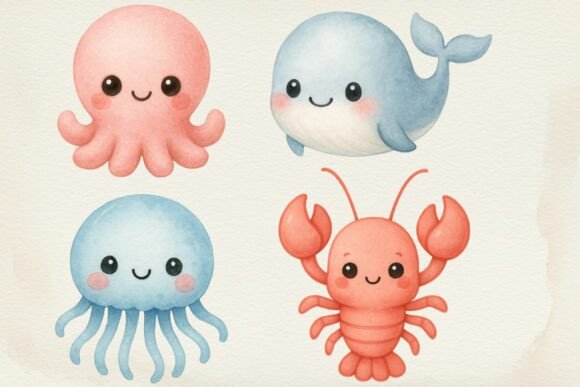 Download Cute Watercolor Sea Animals PNG - Watercolor sea Collection