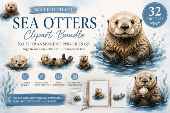 Download Watercolor Sea Otter Clipart Bundle - Watercolor sea Collection