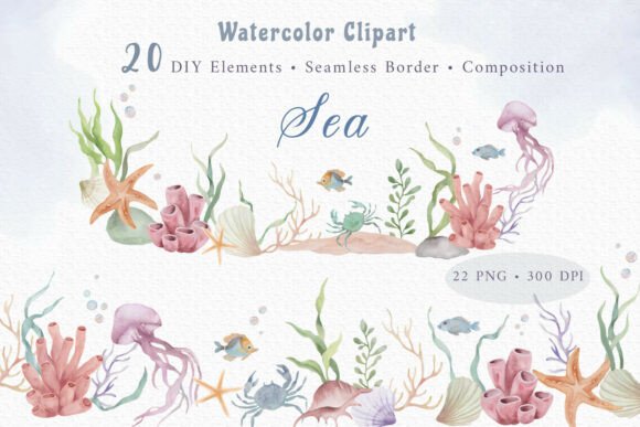 Download Painted Watercolor Sea Life Clipart Set - Watercolor sea Collection