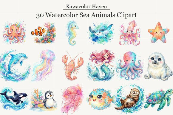 Download Watercolor Sea Animals Clipart - Watercolor sea Collection