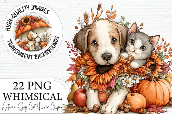 Download Whimsical Autumn Dog and Cat Clipart - Autumn Collection