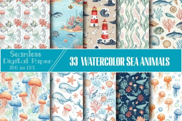 Download Watercolor Sea Animals Seamless Pattern - Watercolor sea Collection